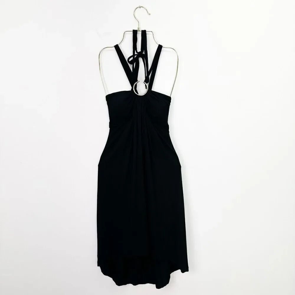 Cache Women’s Vintage Y2K Black Rayon Spandex Blend Stretch Halter Neck Tie Mini